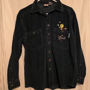 Looney Tunes Shirt Size M. Vintage Tweety Bird Hunter Green Corduroy Button-Up